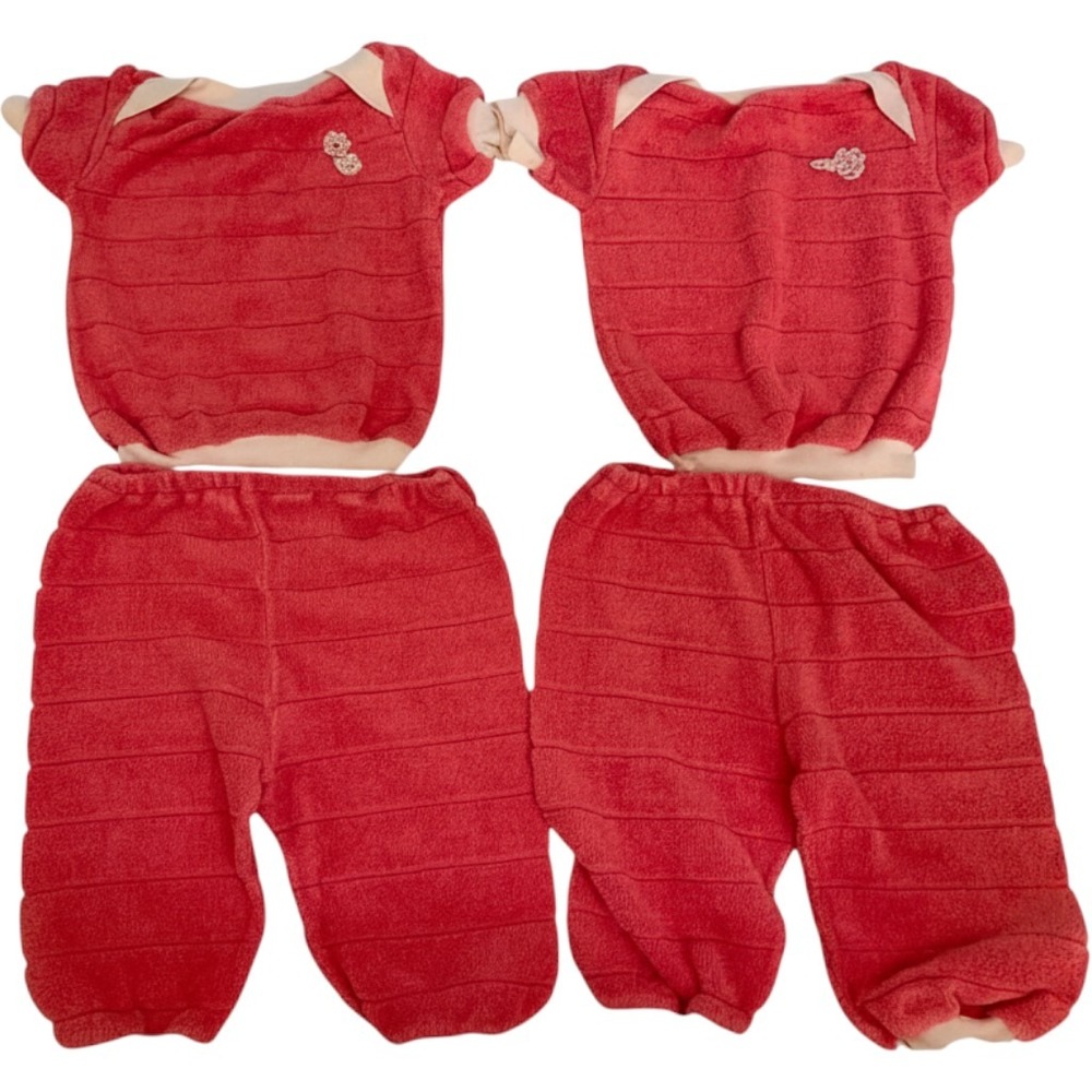 Vintage twins Clothes Set 2 Matching Terry Cloth Outfits Pink Ribbed 2-Piece
